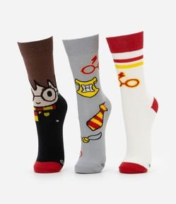 Kit 03 Meias Cano Alto em Algodão com Estampa Harry Potter