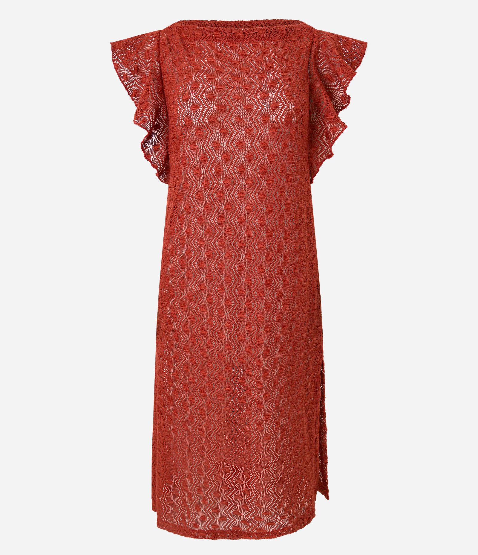 Vestido Longo em Renda com Babado nos Ombros Vermelho 6