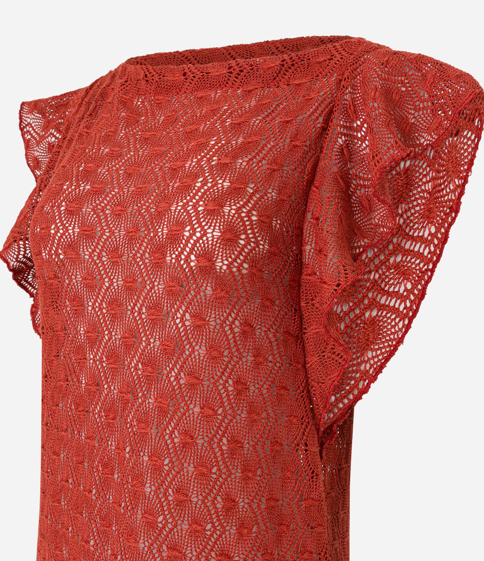 Vestido Longo em Renda com Babado nos Ombros Vermelho 7