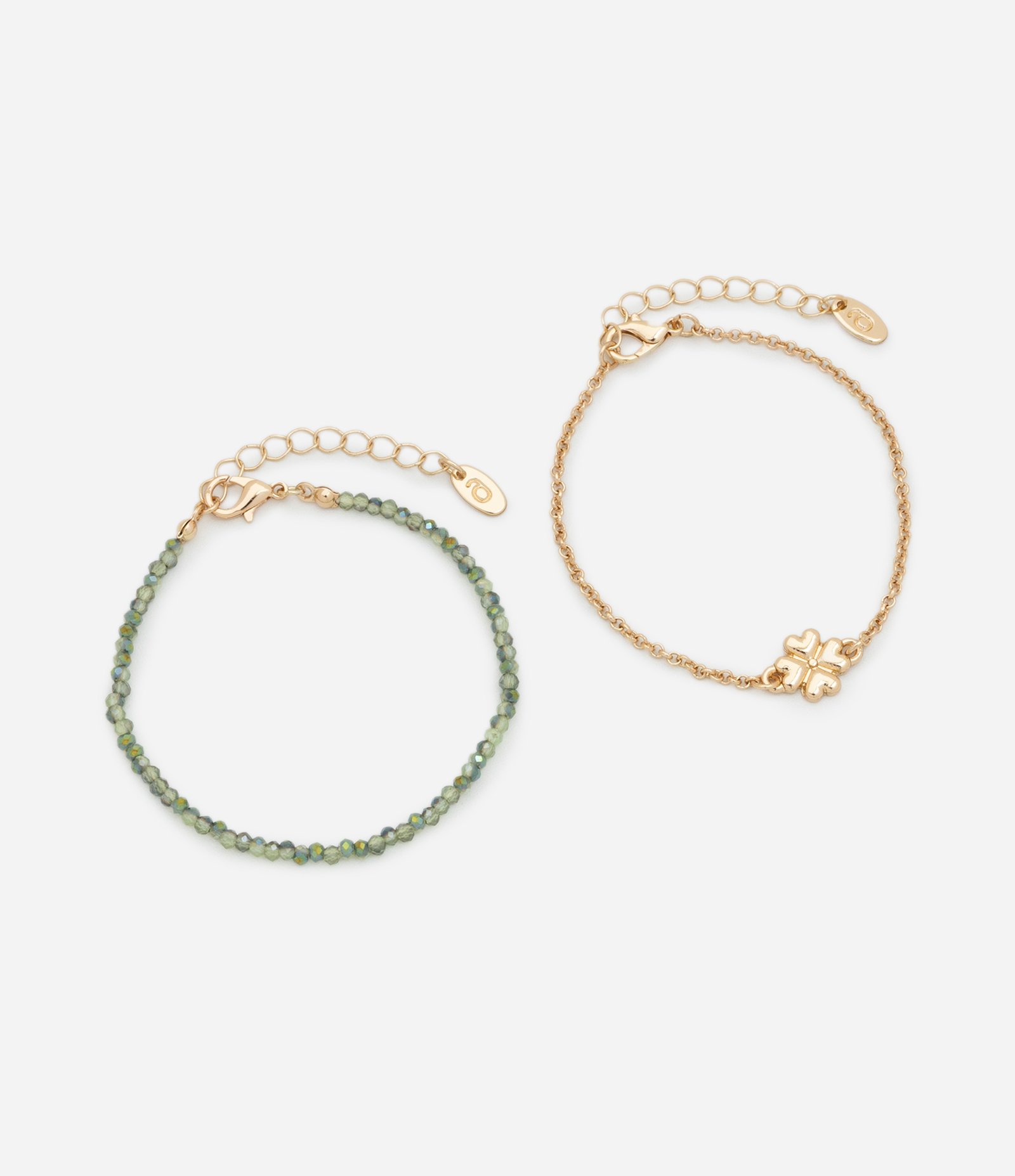 Kit 02 Pulseiras com Cristais Artificiais e Pingente de Trevo Dourado 2