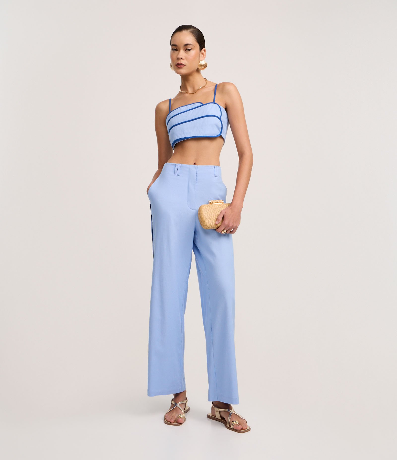 Calça Wide Leg Cintura Alta em Viscolinho com Listra Lateral Azul 1