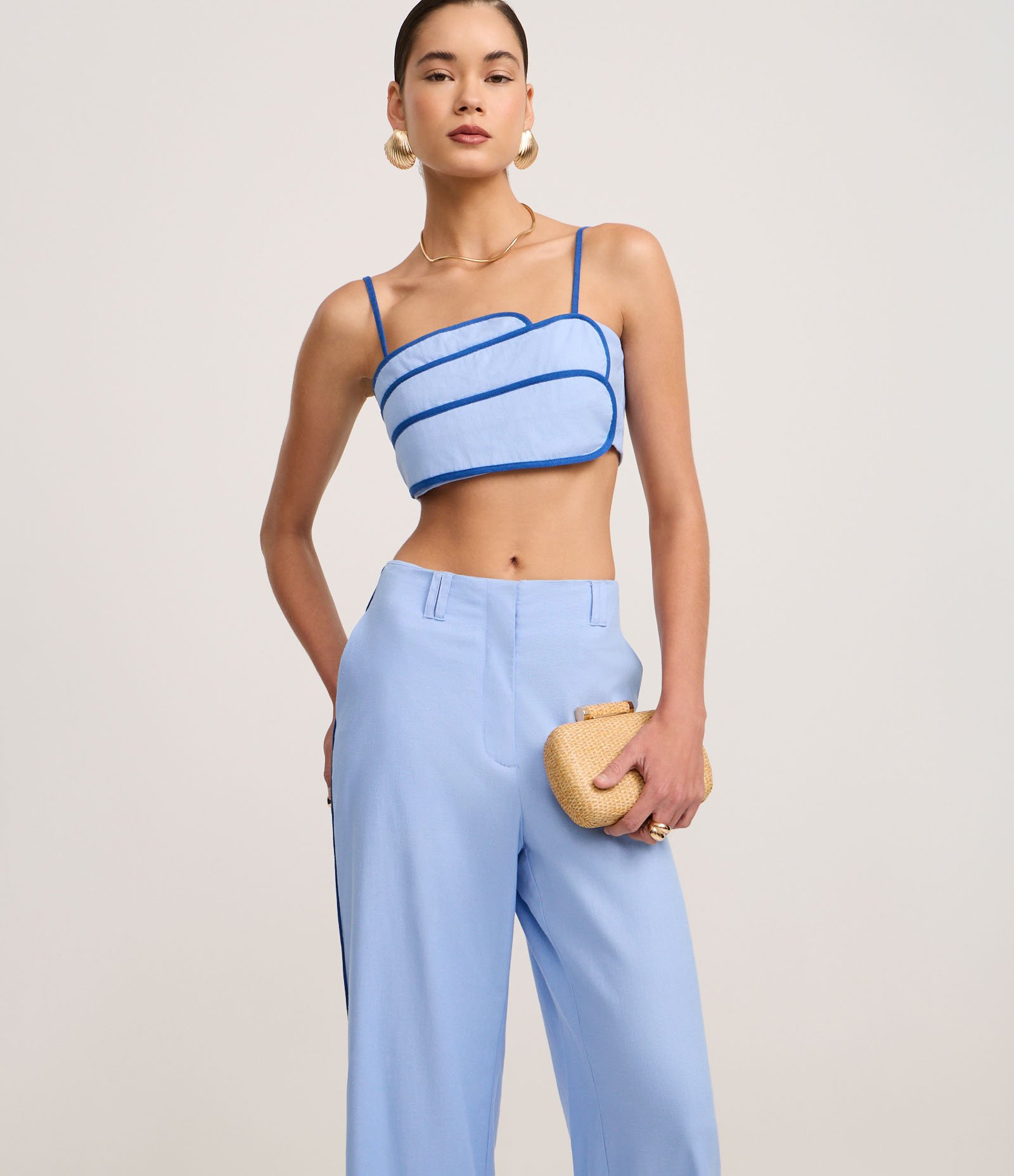 Calça Wide Leg Cintura Alta em Viscolinho com Listra Lateral Azul 2