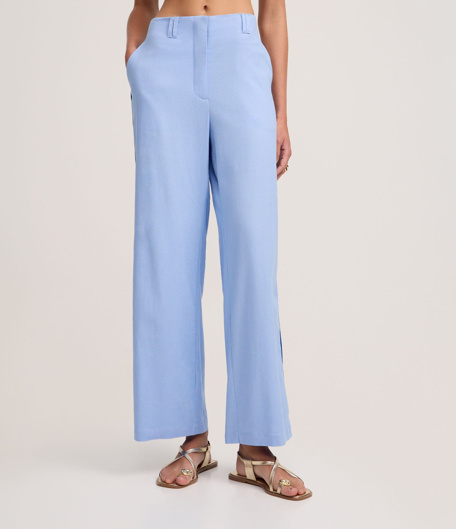 Calça Wide Leg Cintura Alta em Viscolinho com Listra Lateral Azul 3