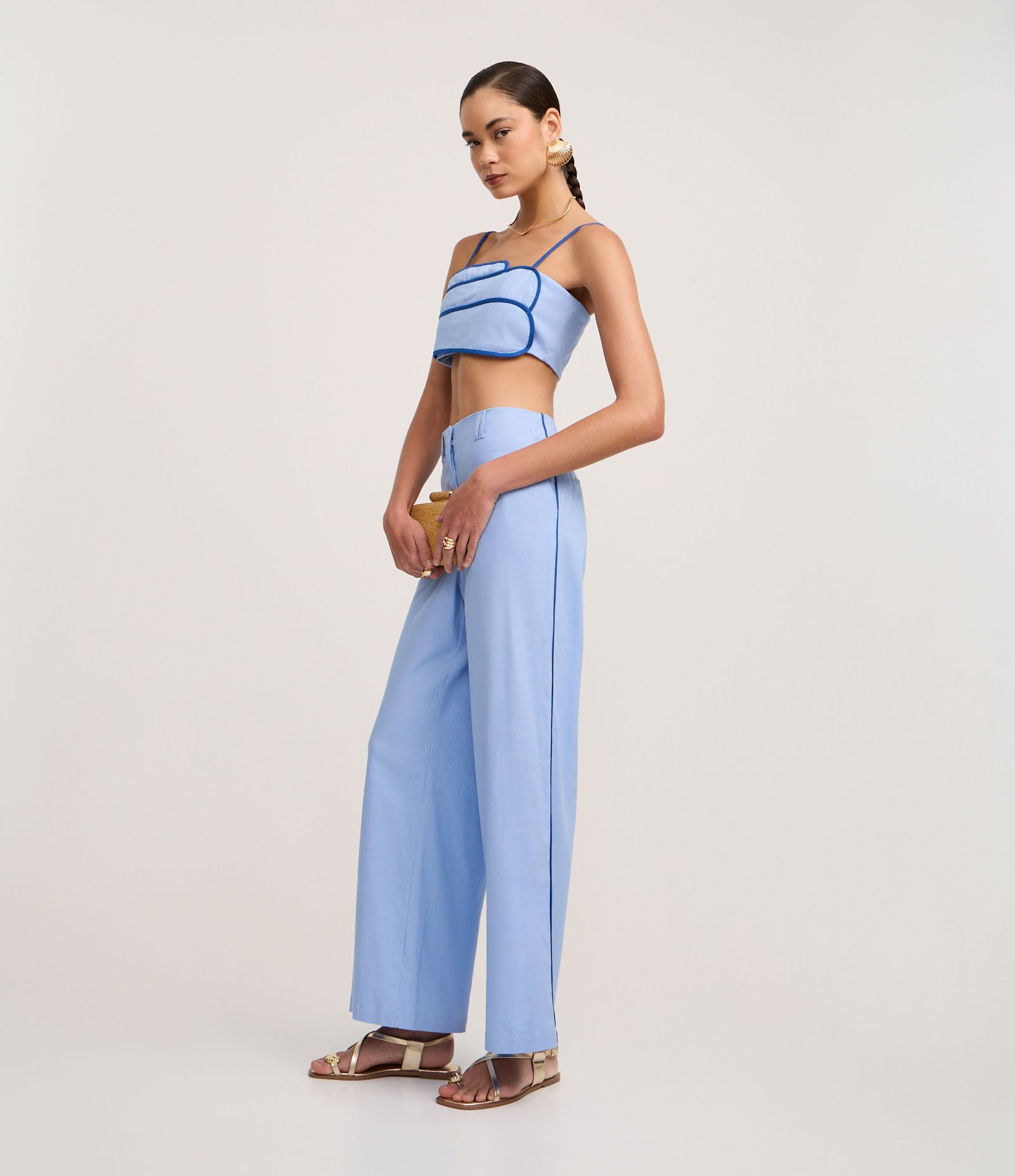 Calça Wide Leg Cintura Alta em Viscolinho com Listra Lateral Azul 5