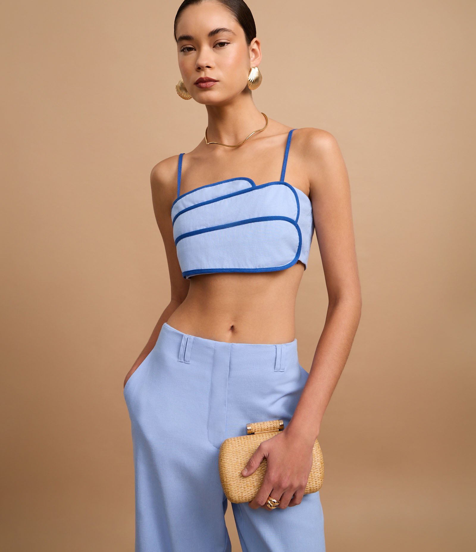 Calça Wide Leg Cintura Alta em Viscolinho com Listra Lateral Azul 6