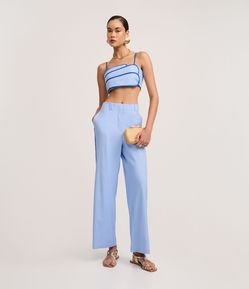 Calça Wide Leg Cintura Alta em Viscolinho com Listra Lateral