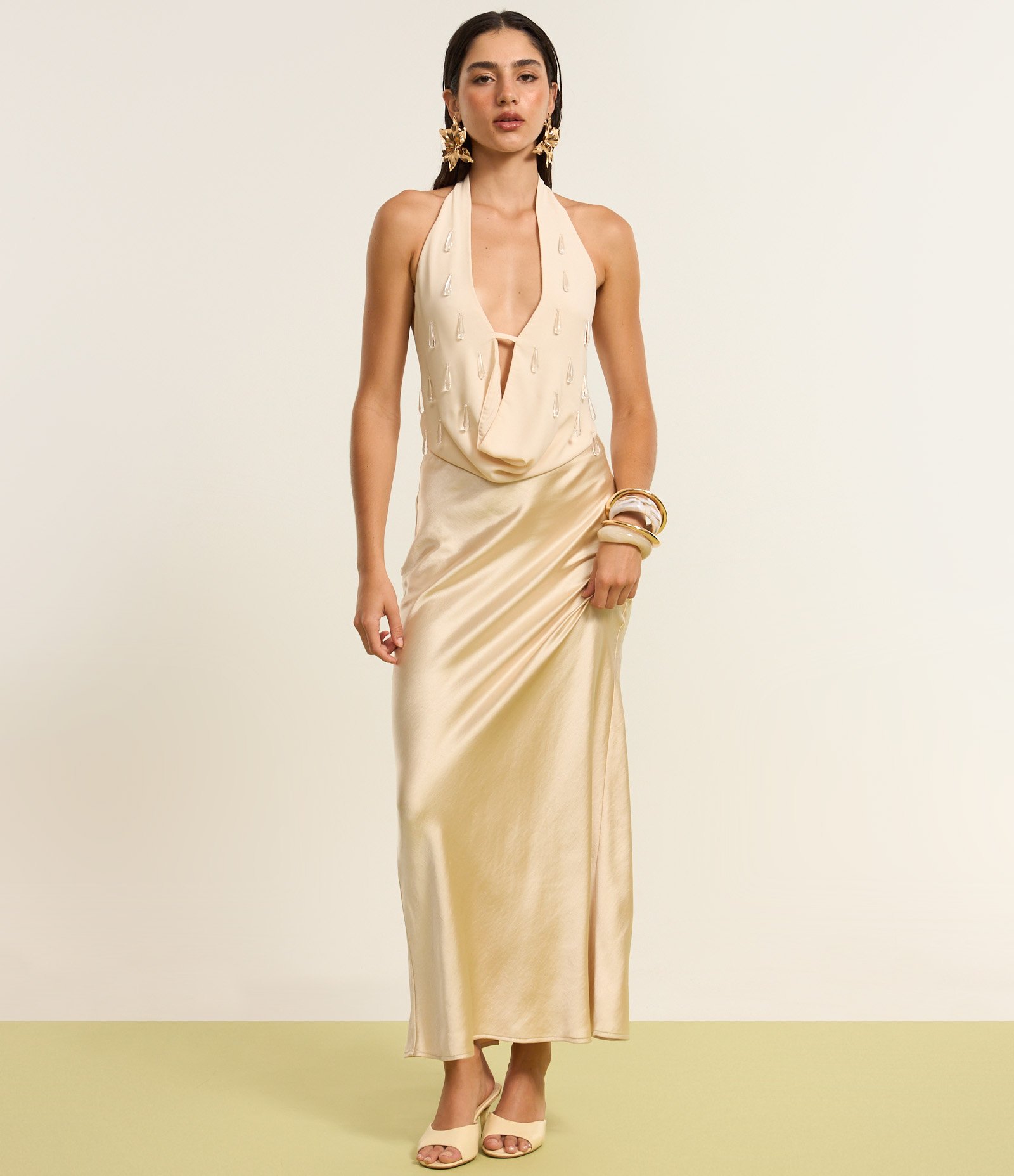 Saia New Midi em Cetim com Fenda Bege 8