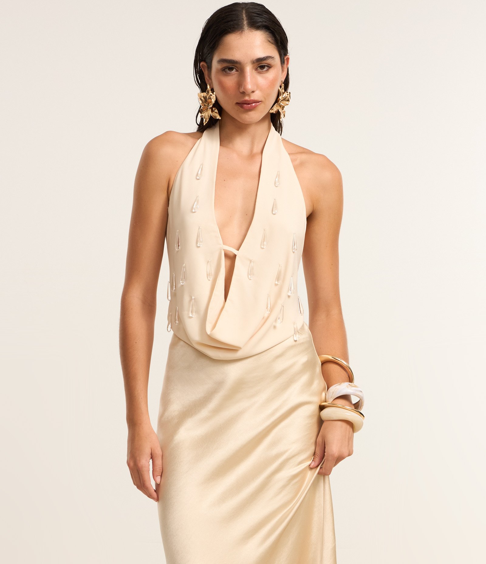 Saia New Midi em Cetim com Fenda Bege 3