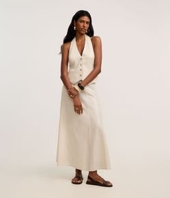 Saia Reta Midi em Viscolinho com Costura Aparente no Recorte