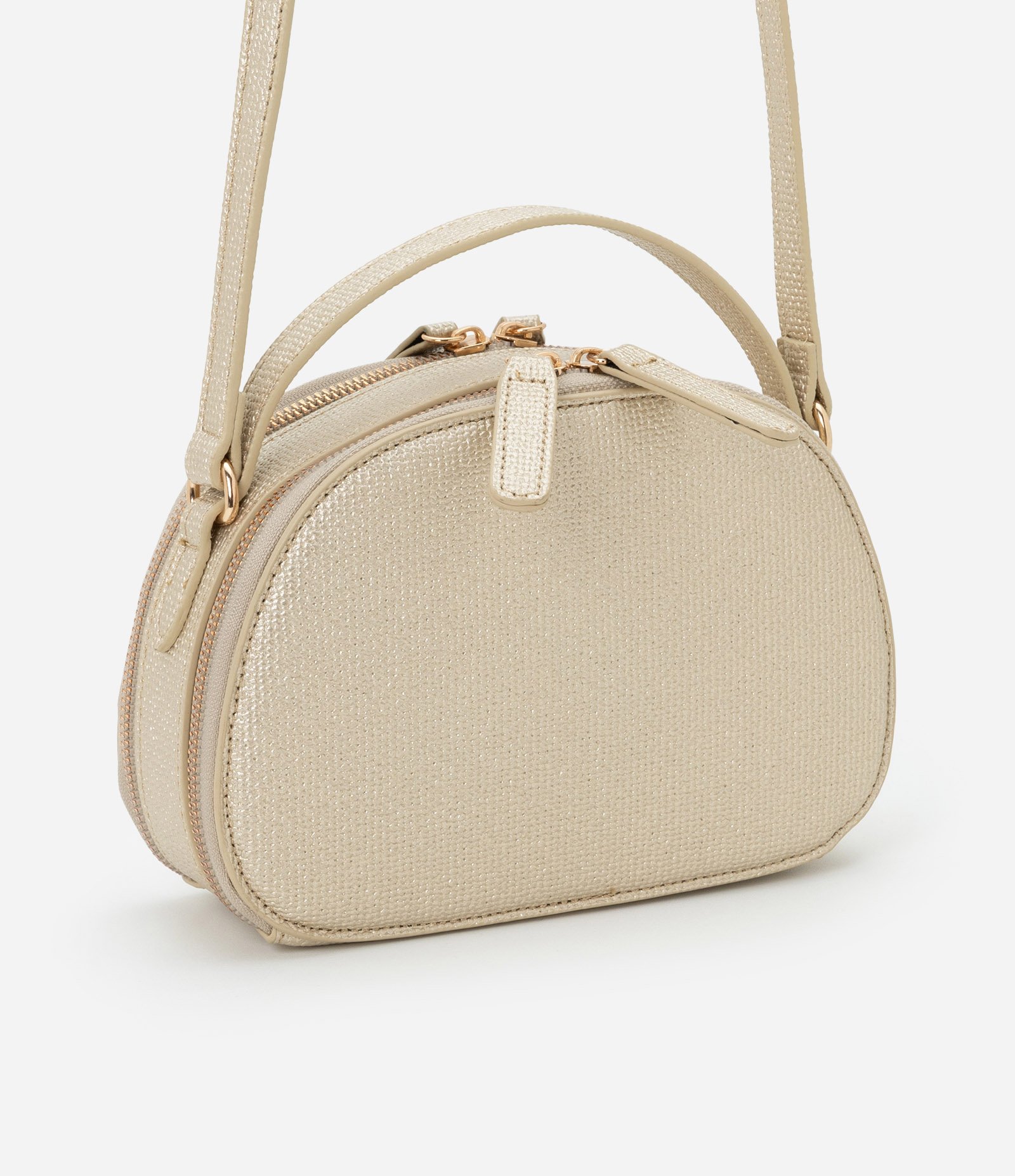 Bolsa Câmera Bag Transversal Pequena com Textura Bege/Dourado 1