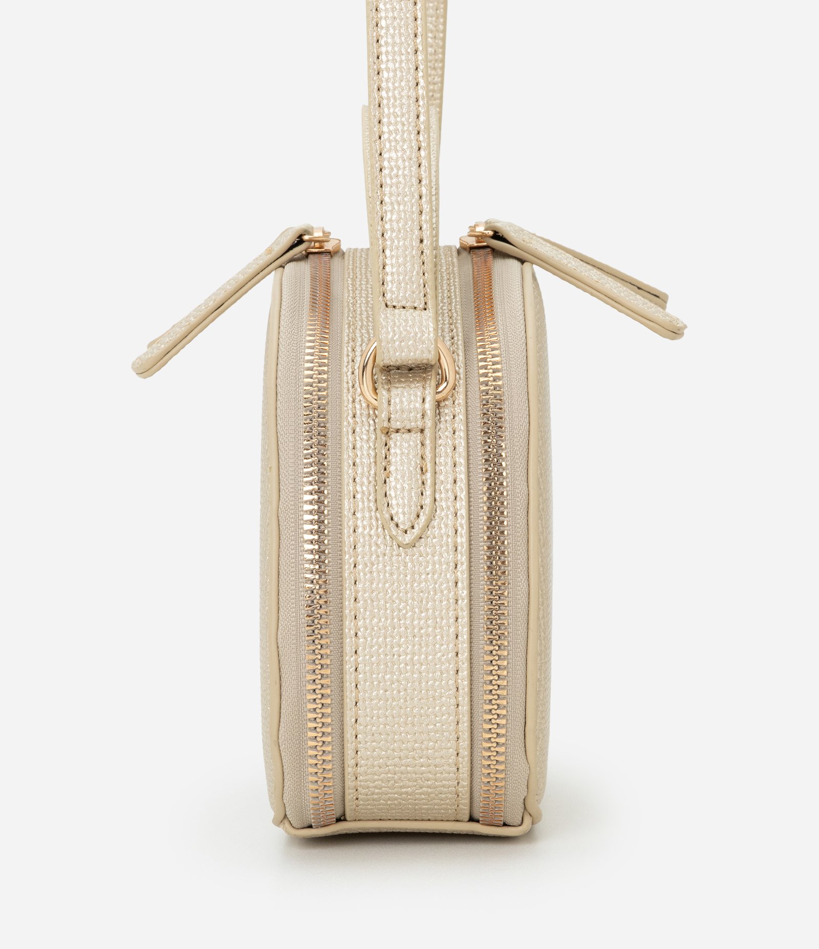 Bolsa Câmera Bag Transversal Pequena com Textura Bege/Dourado 2