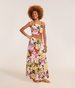 Saia Evasê Long Midi em Viscose com Estampa Floral