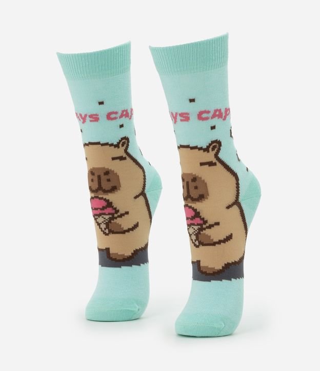 Meia Cano Alto em Algodão com Estampa Capivara Always Capy