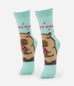 Meia Cano Alto em Algodão com Estampa Capivara Always Capy