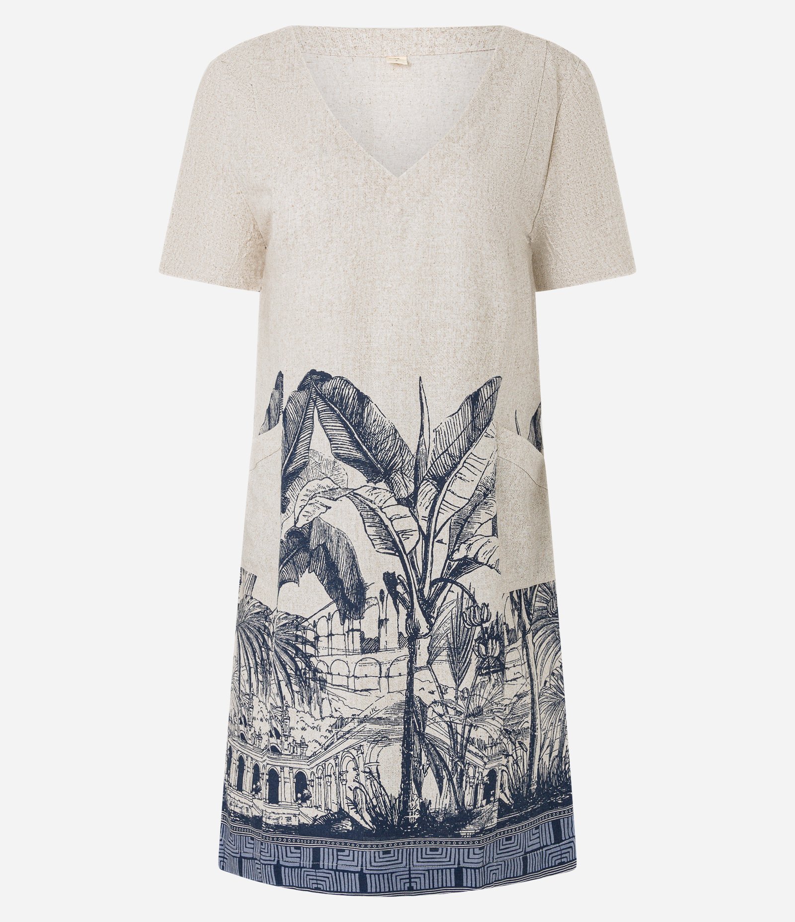 Vestido T-Shirt Curto em Viscolinho com Estampa Arco da Lapa Bege/Azul 5