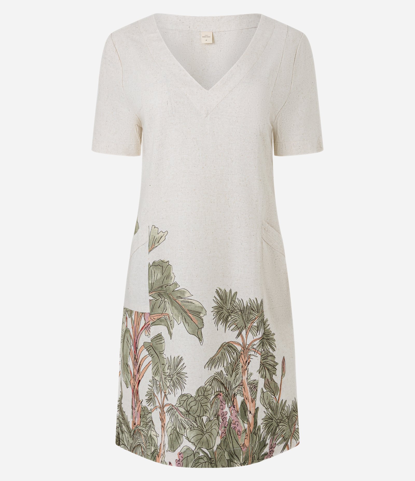 Vestido T-Shirt em Viscolinho com Estampa Folhagem Bege 1