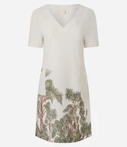 Vestido T-Shirt em Viscolinho com Estampa Folhagem