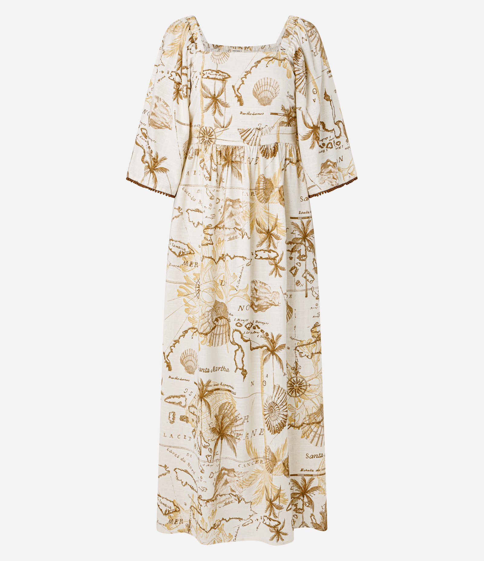 Vestido Evasê Midi em Viscolinho com Estampa Mapa Bege 5