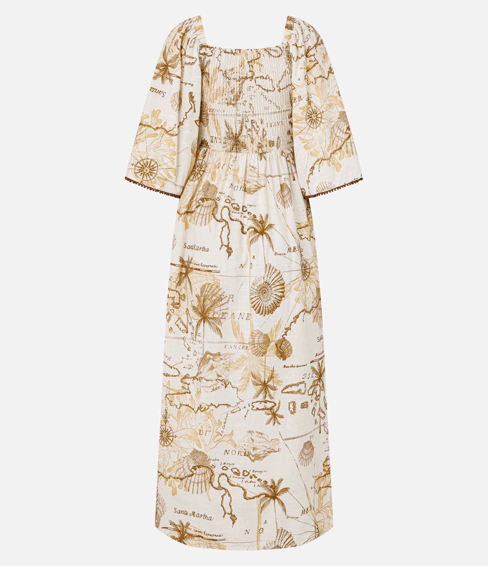 Vestido Evasê Midi em Viscolinho com Estampa Mapa Bege 7