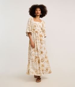 Vestido Evasê Midi em Viscolinho com Estampa Mapa