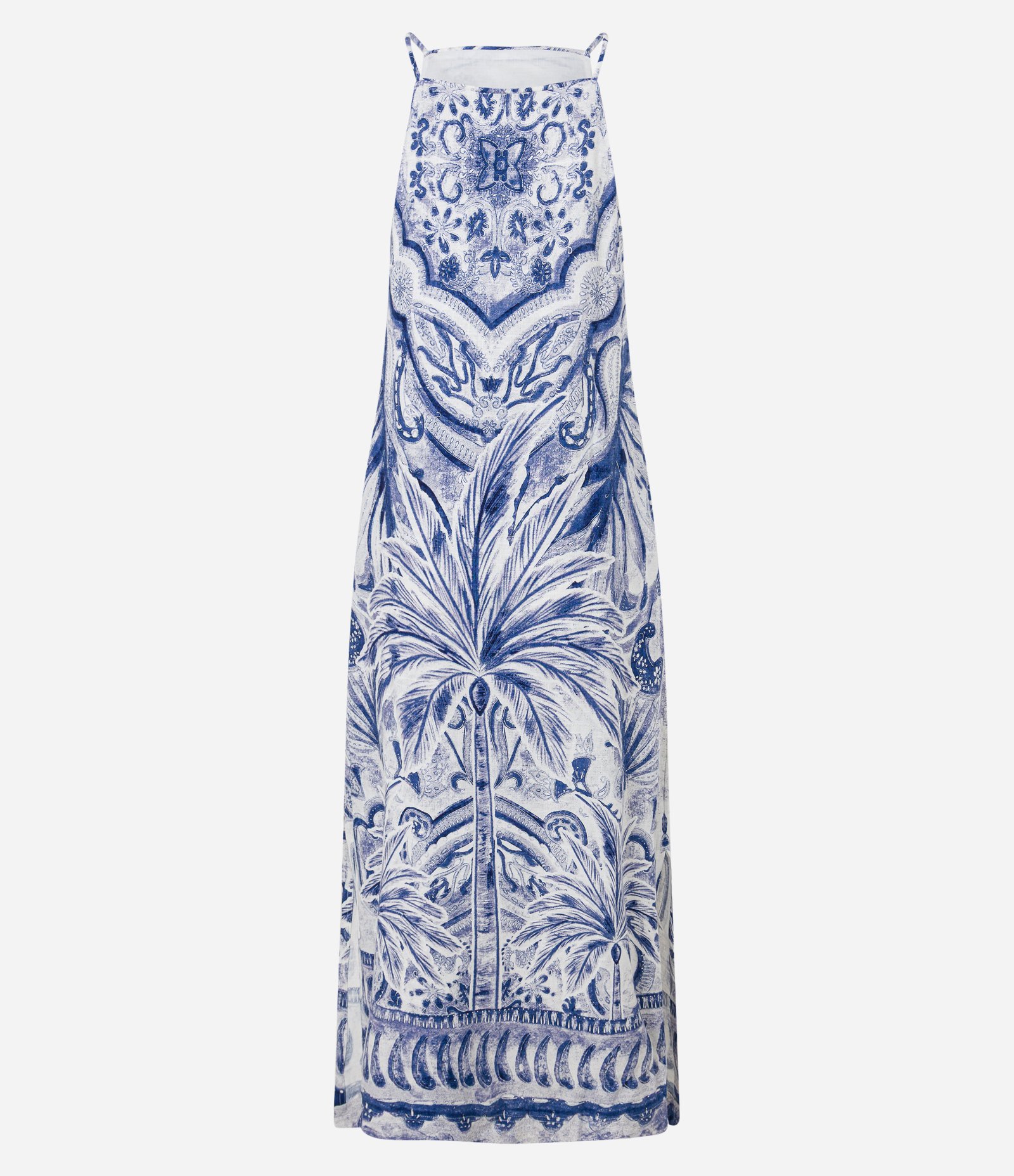 Vestido Evasê Midi em Viscolinho com Estampa Coqueiro Azul/Branco 3