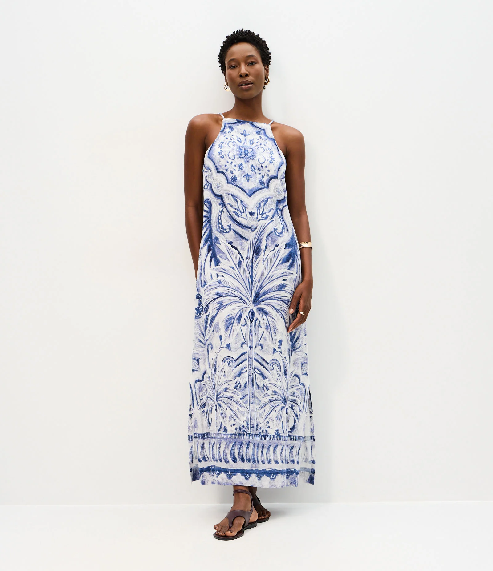 Vestido Evasê Midi em Viscolinho com Estampa Coqueiro Azul/Branco 2