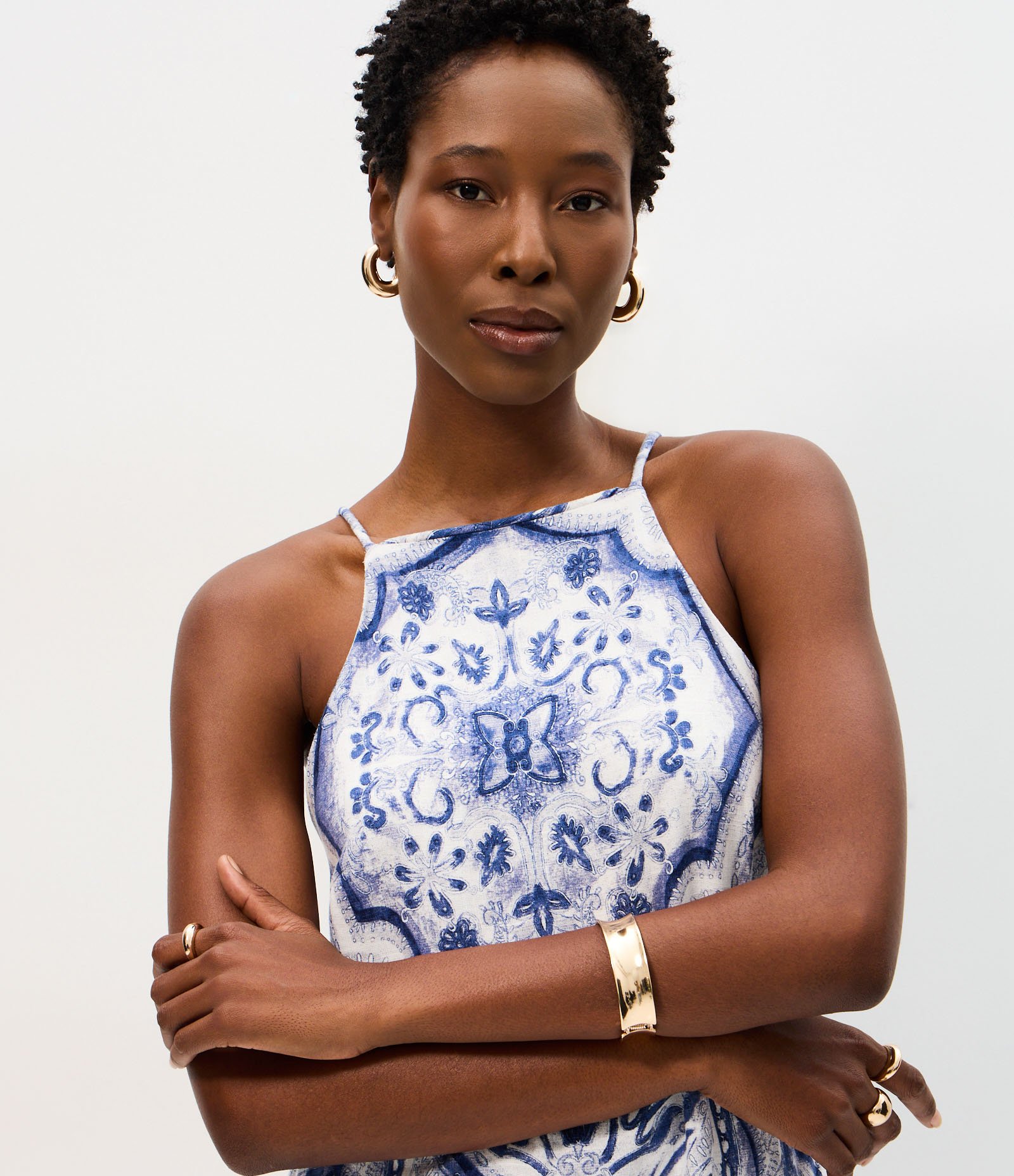 Vestido Evasê Midi em Viscolinho com Estampa Coqueiro Azul/Branco 3