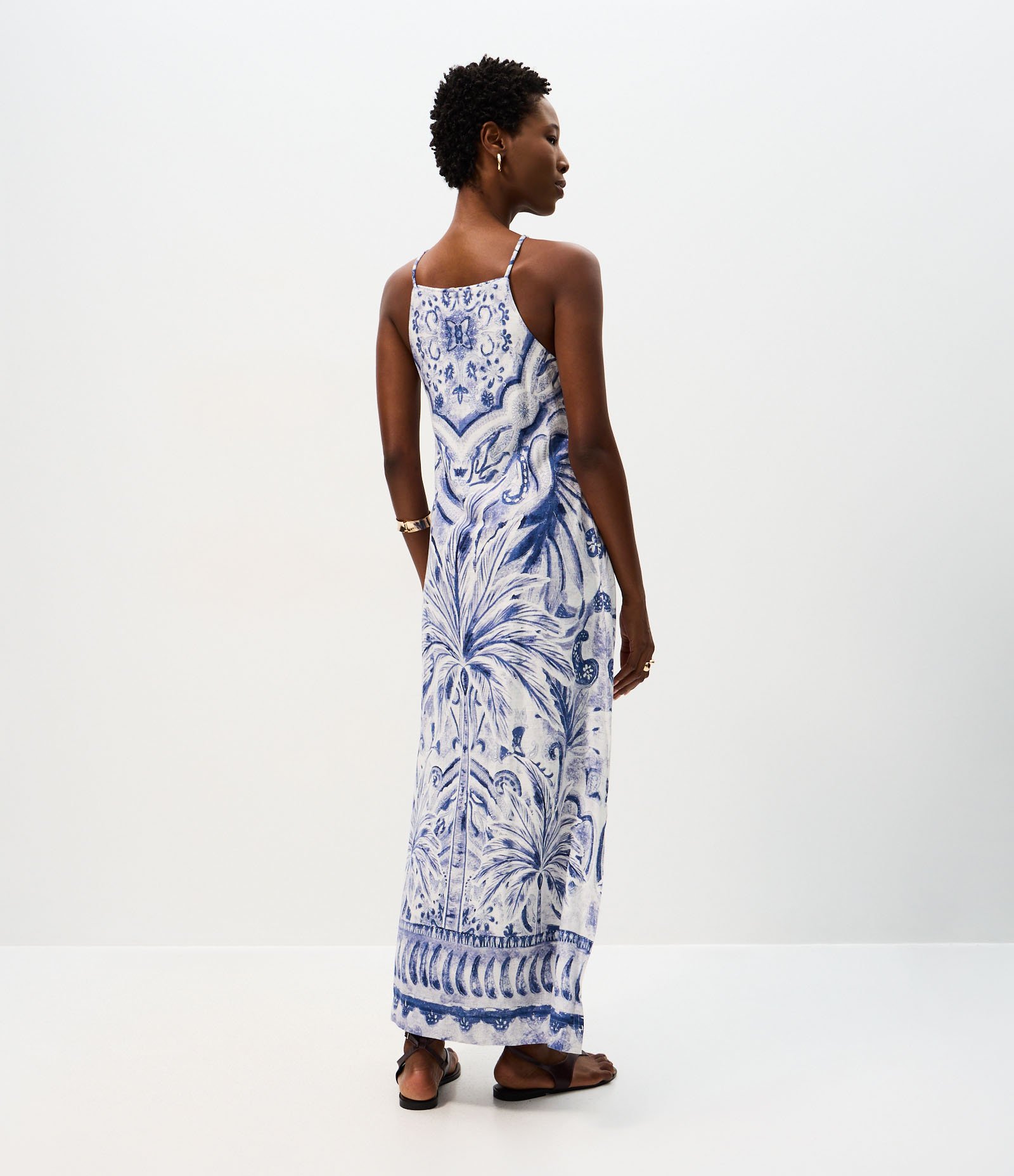 Vestido Evasê Midi em Viscolinho com Estampa Coqueiro Azul/Branco 4