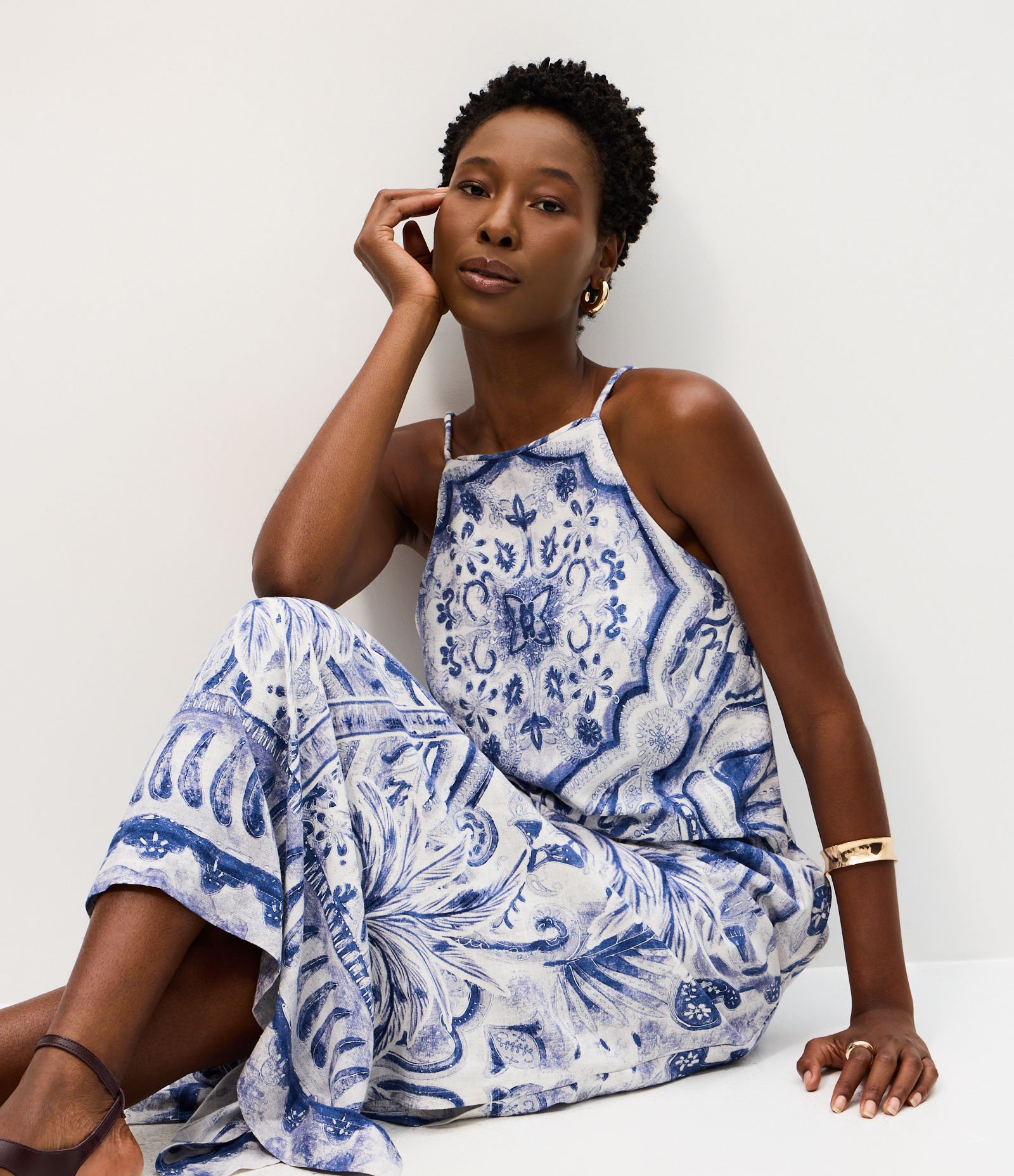 Vestido Evasê Midi em Viscolinho com Estampa Coqueiro Azul/Branco 5