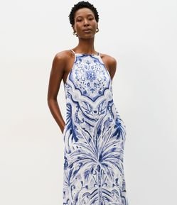 Vestido Evasê Midi em Viscolinho com Estampa Coqueiro