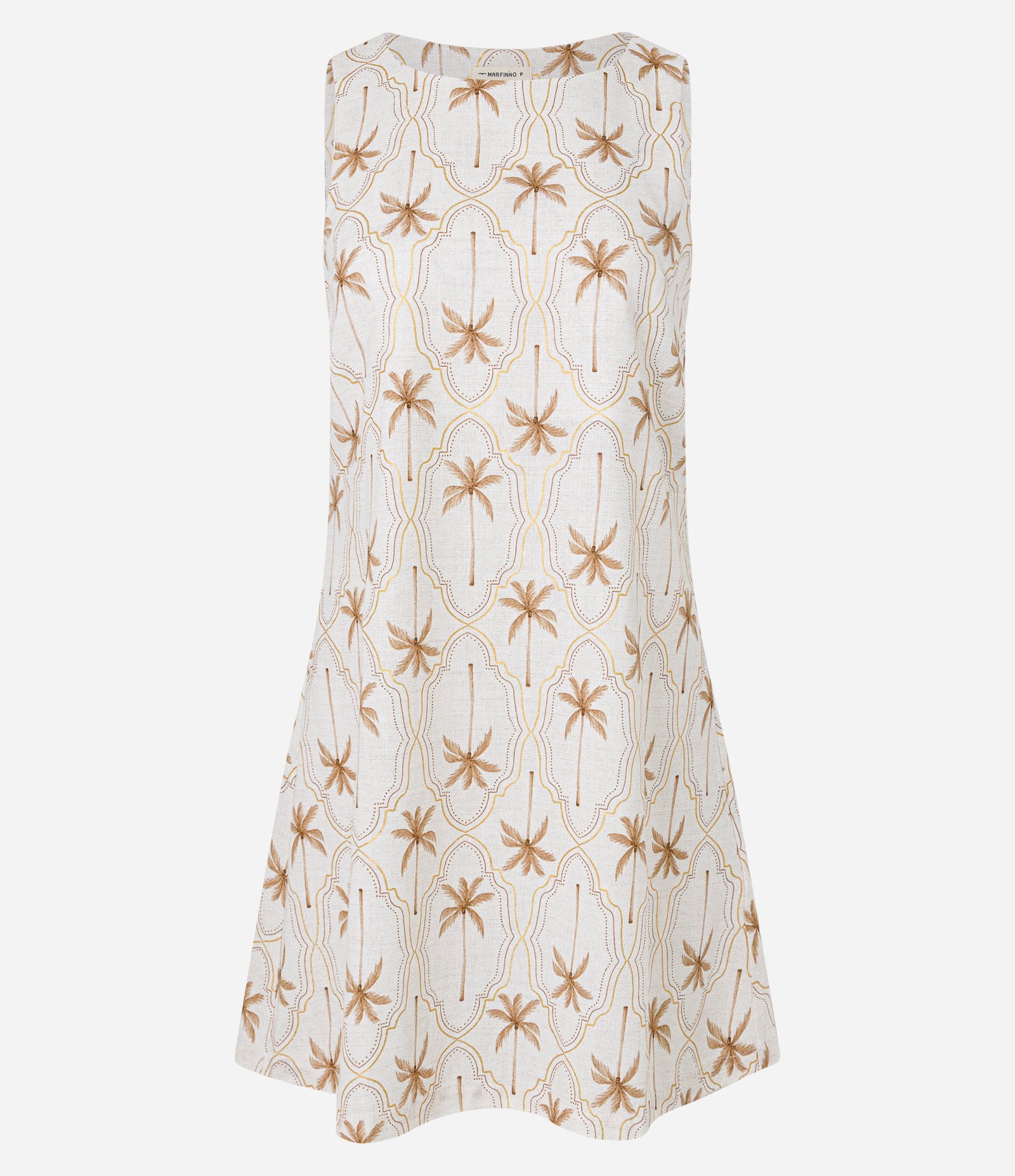Vestido Curto em Viscolinho com Estampa Coqueiros e Foil Bege 1