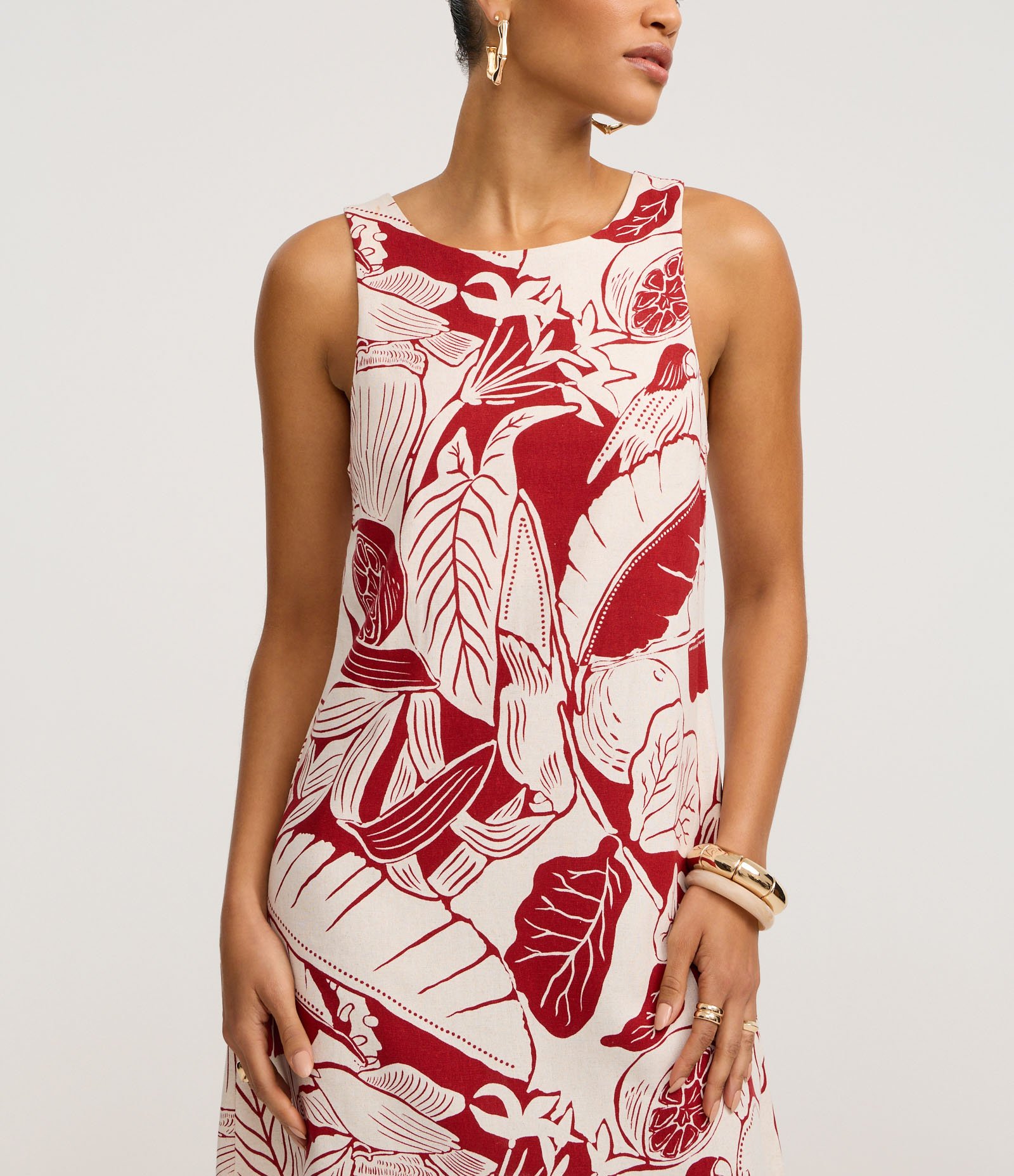 Vestido Curto em Viscolinho com Estampa Folhagem e Limões Vermelho 4