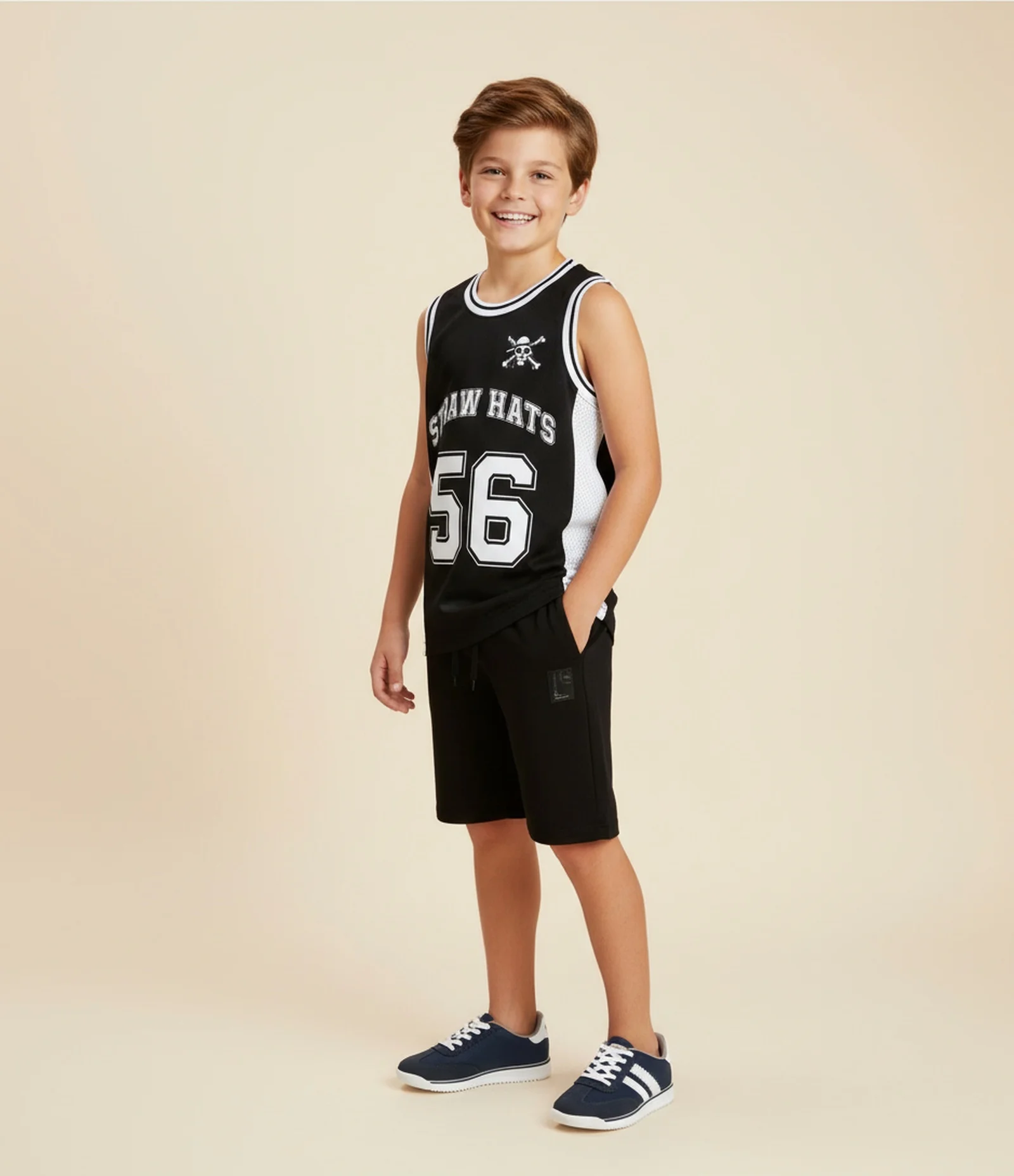 Regata Basquete Infantil em Microfibra com Estampa Straw Hats One Piece - Tam 5 a 14 anos Preto 1