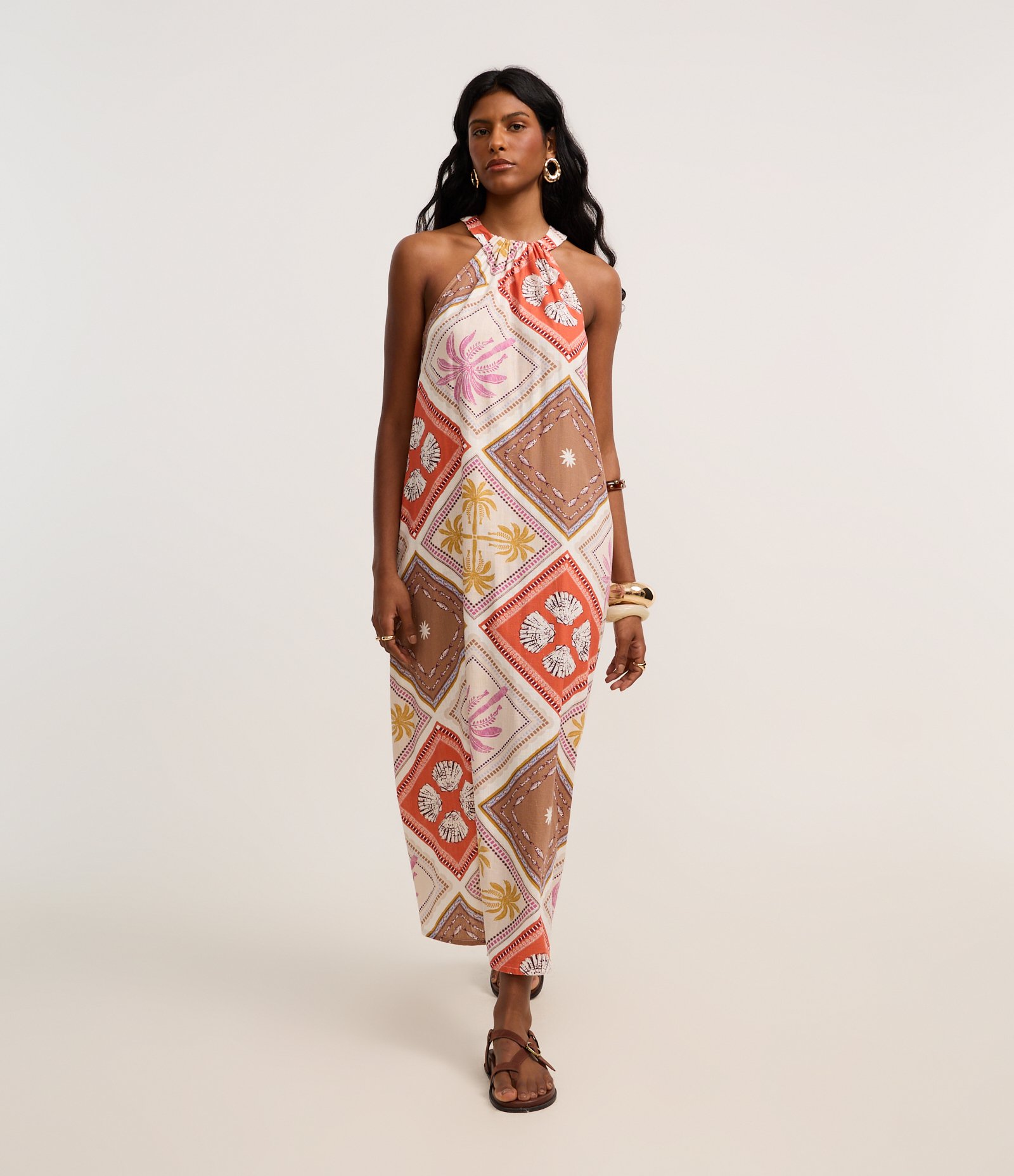 Vestido Evasê Midi em Viscolinho com Estampa Tropical Multicores 1