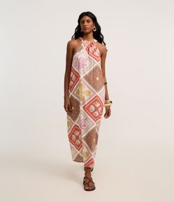 Vestido Evasê Midi em Viscolinho com Estampa Tropical