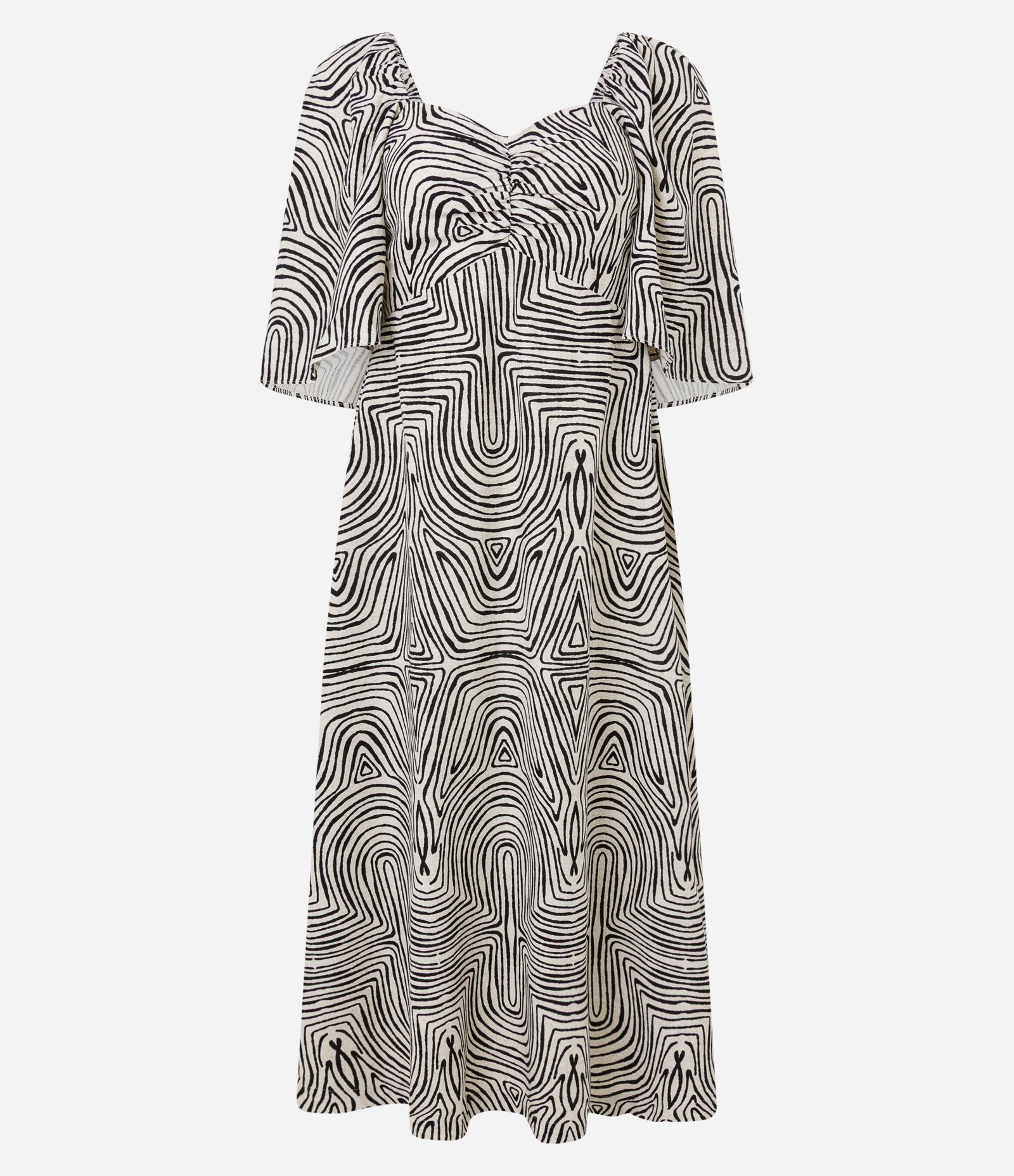 Vestido Midi em Viscolinho com Manga Godê e Estampa Geométrica Bege/Preto 5