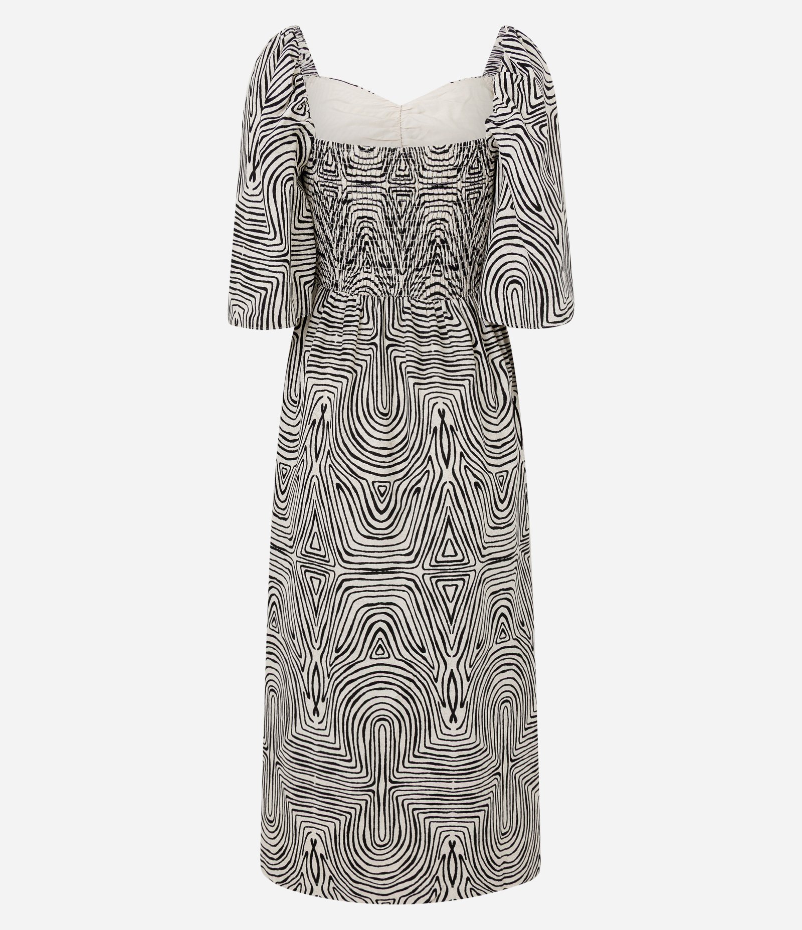 Vestido Midi em Viscolinho com Manga Godê e Estampa Geométrica Bege/Preto 7