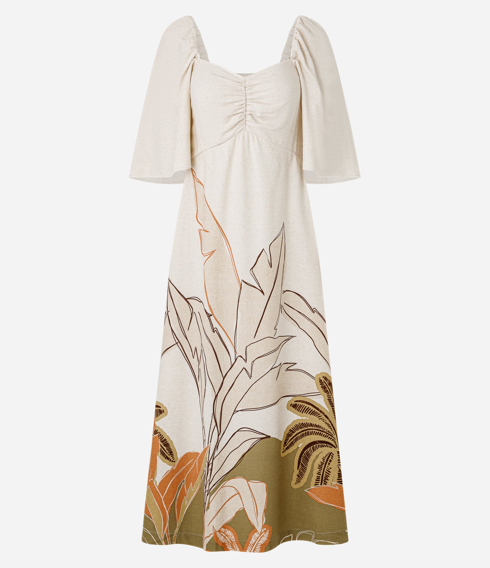 Vestido Midi em Viscolinho com Estampa Folhagem Bege 5