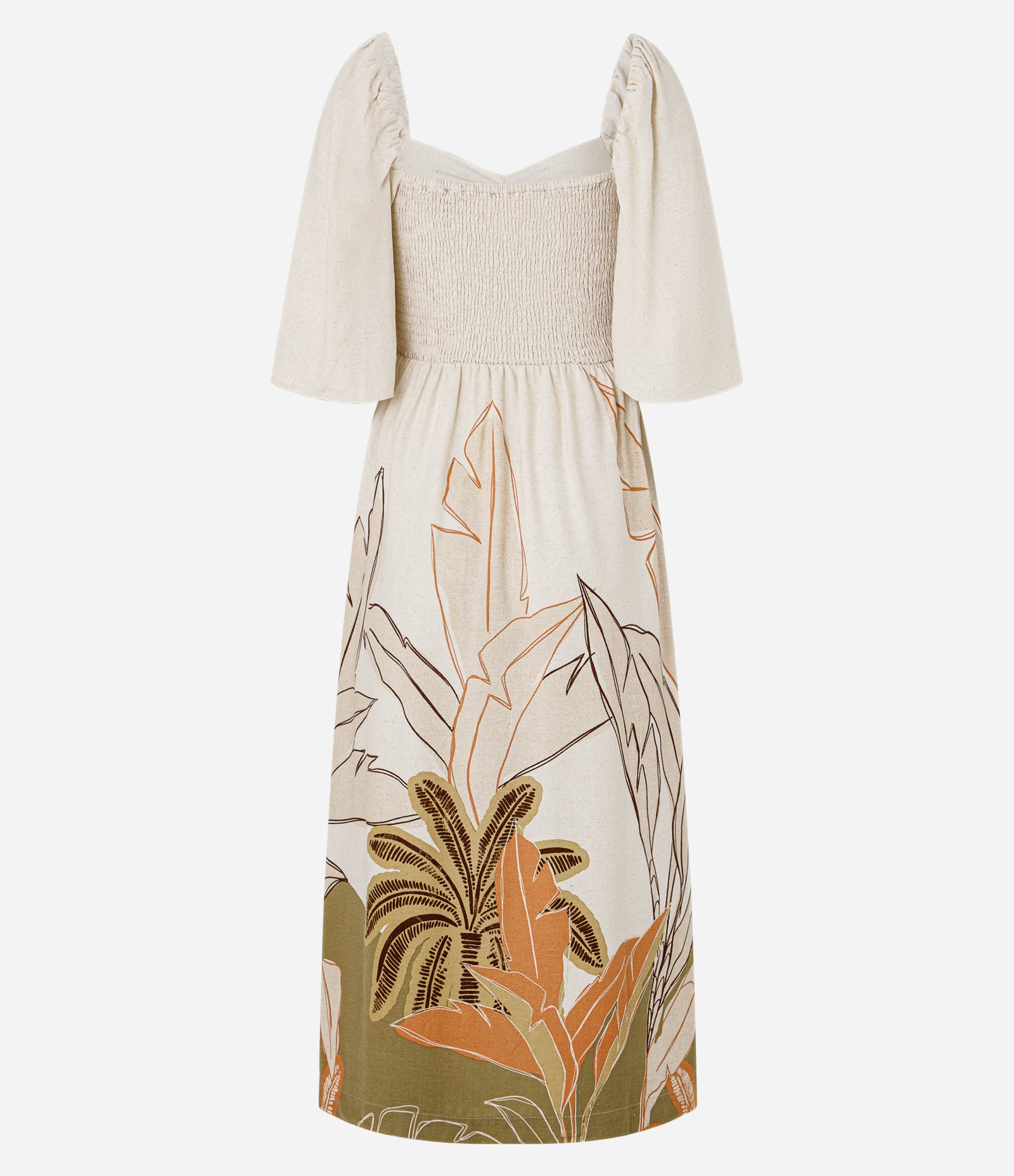 Vestido Midi em Viscolinho com Estampa Folhagem Bege 7