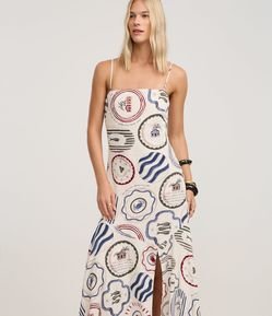 Vestido Evasê Midi em Viscolinho com Estampa Tropical Costeira