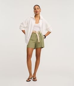 Short Listrado em Viscose com Cinto Ráfia
