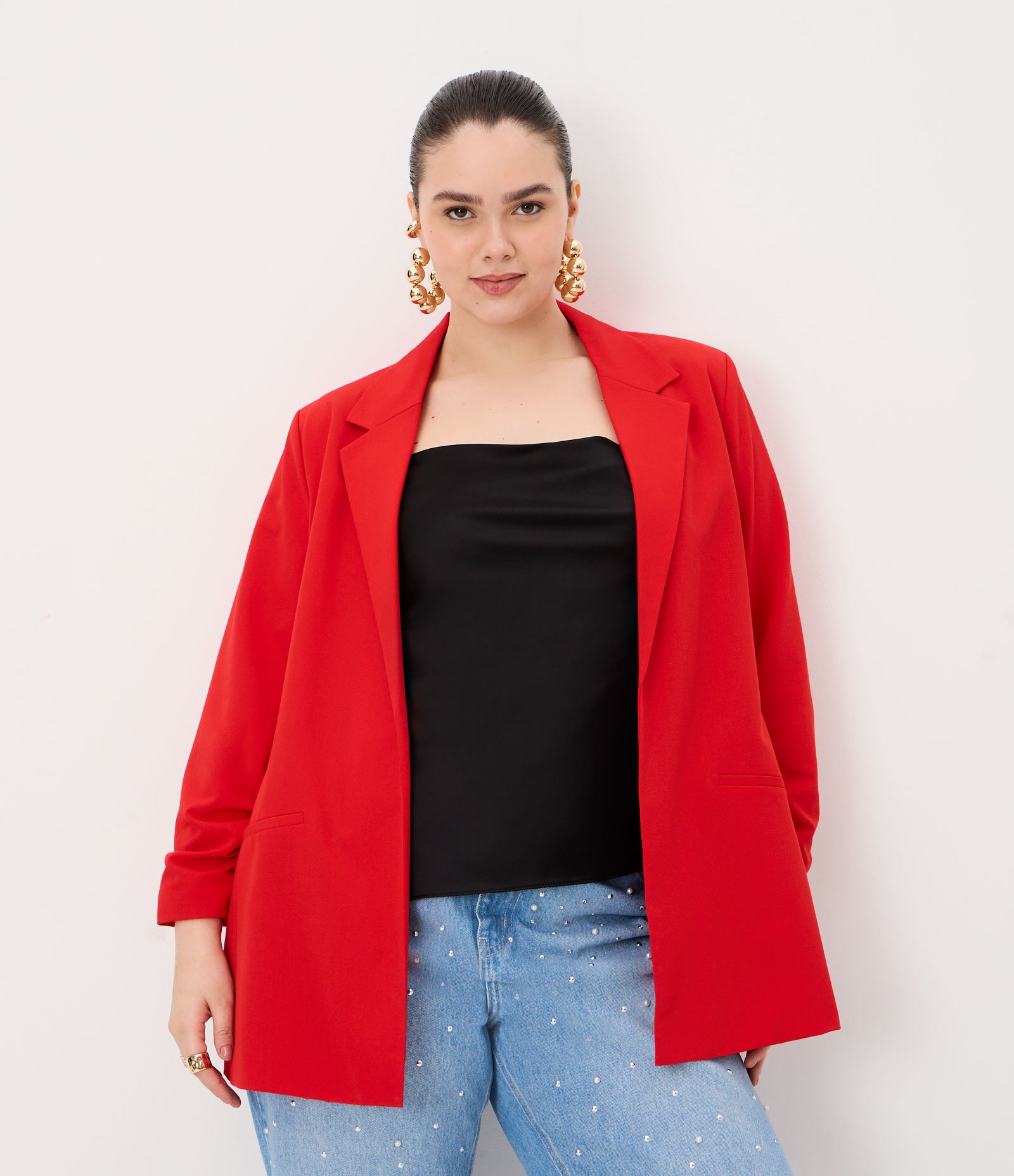 Blazer Alongado em Crepe Manga Puxadinha Curve & Plus Size Vermelho 2