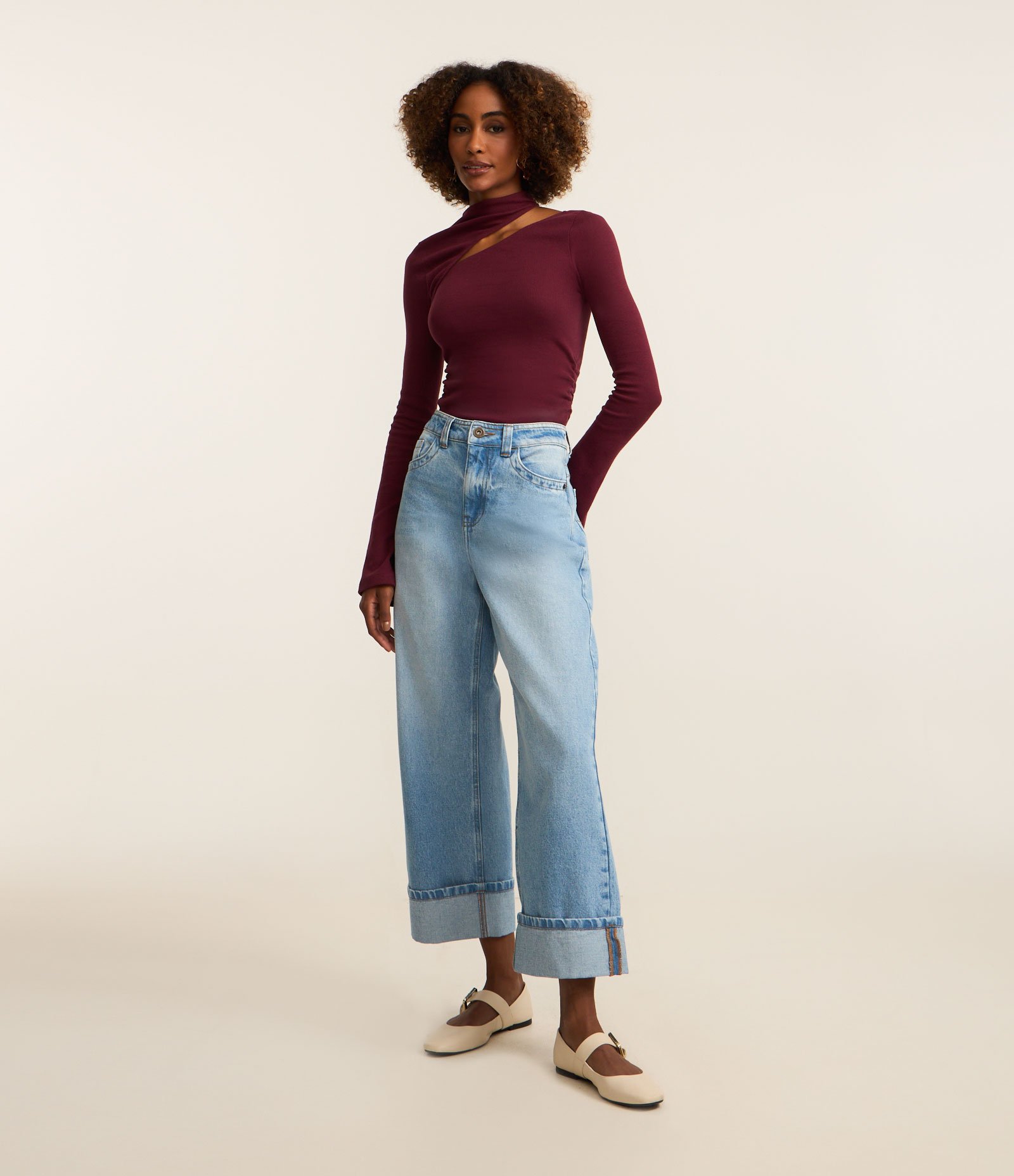 Calça Slouchy em Jeans com Cintura Alta e Barra Dobrada Azul 1