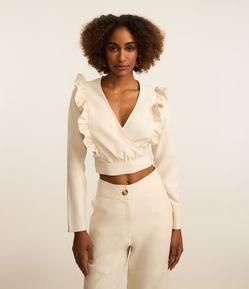 Blusa Cropped em Alfaiataria com Amarração e Babado