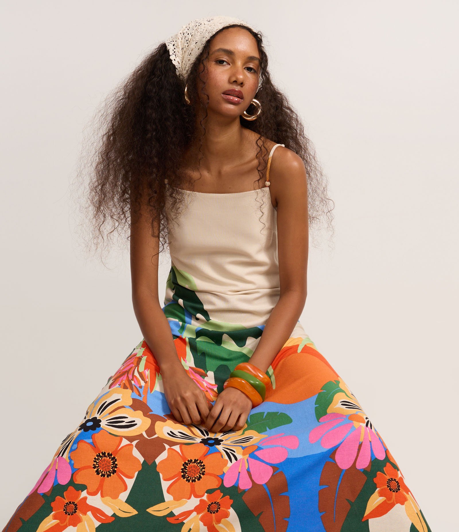 Vestido Midi em Viscolinho Estampada de Tucano Tropical Off White 1