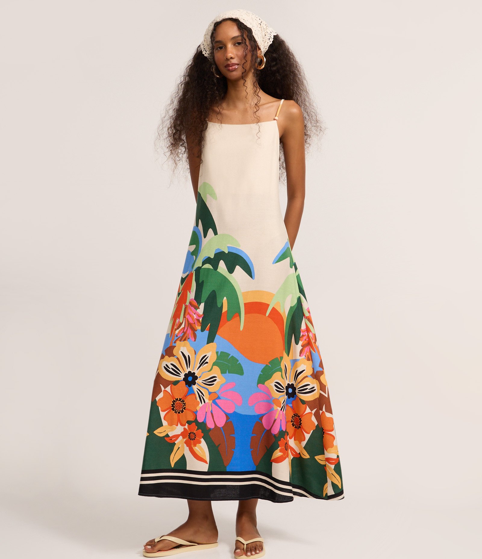 Vestido Midi em Viscolinho Estampada de Tucano Tropical Off White 2