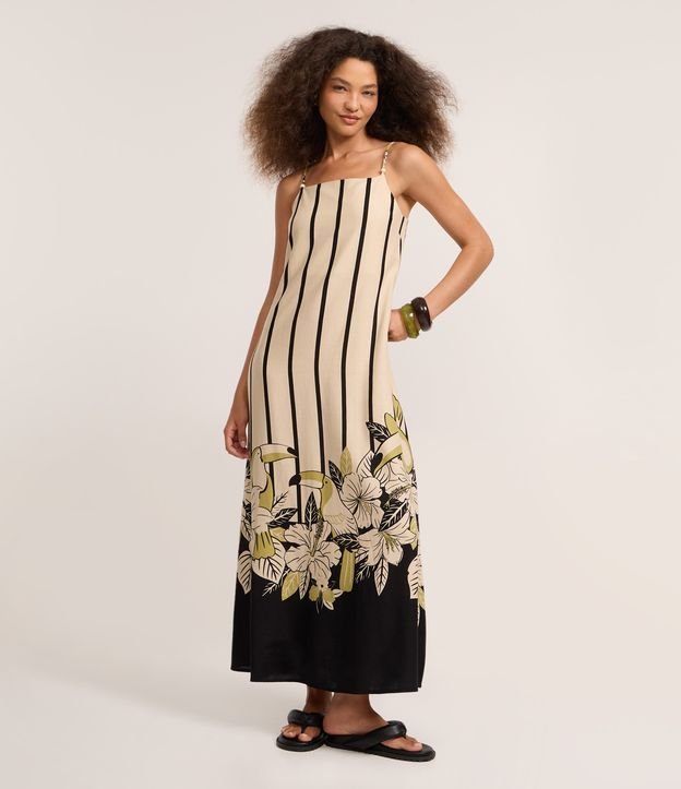 Vestido Long Midi em Viscolinho Estampada de Tucado e Bolinha na Alça