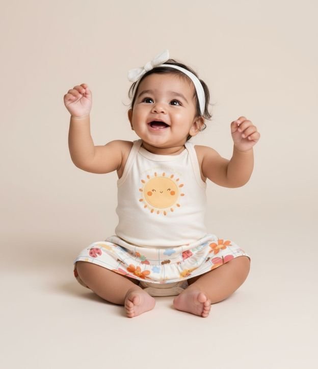 Conjunto Infantil com Estampa Solzinho e Flores - Tam 0 a 18 meses