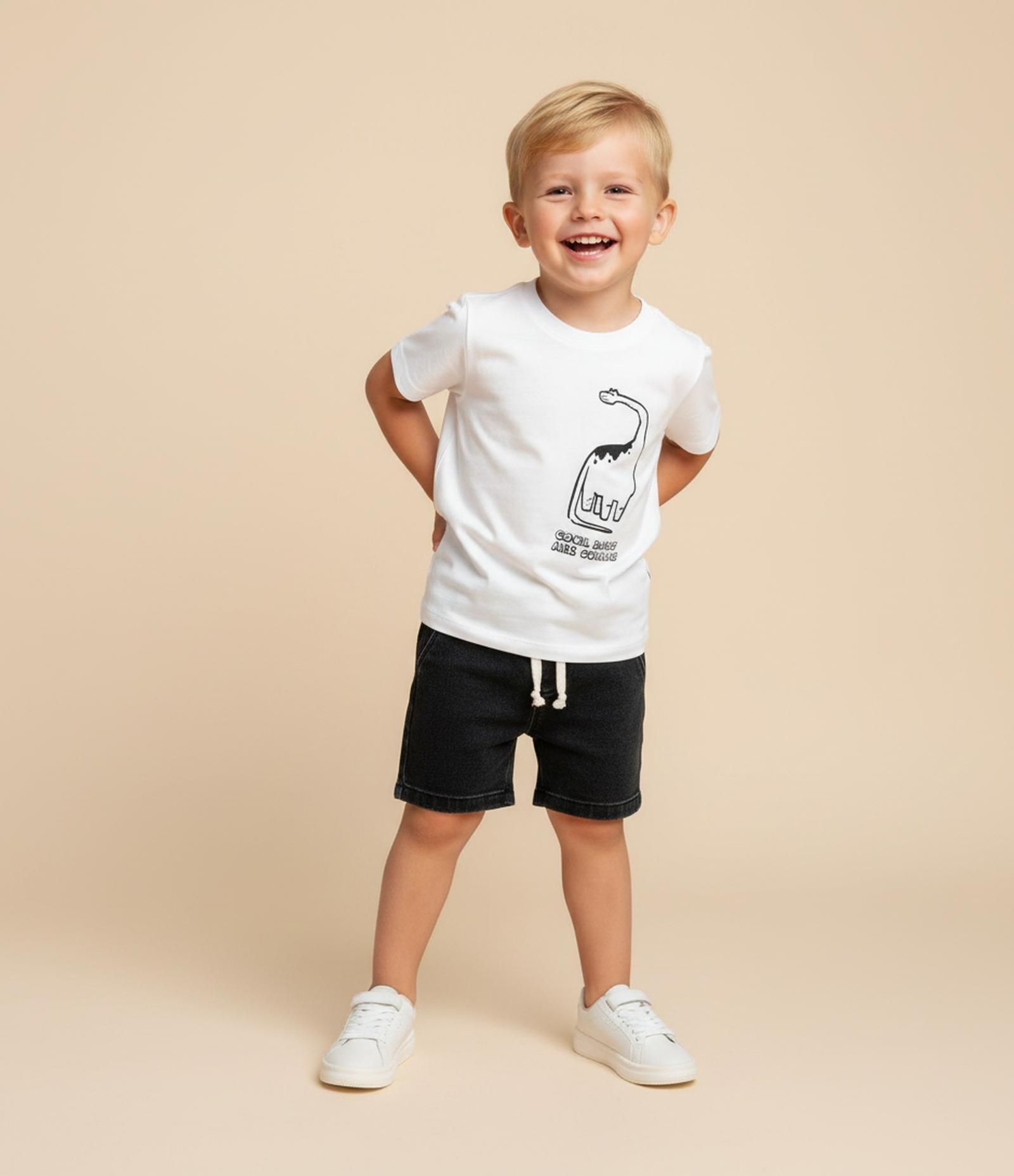 Camiseta Infantil com Estampa Frente e Costas Dinos - Tam 1 a 6 Anos Branco 1
