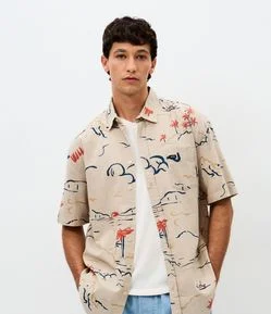 Camisa Relaxed em Algodão  Tecido Diferenciado com Estampa Fil a Fil Abstrata Palmeira